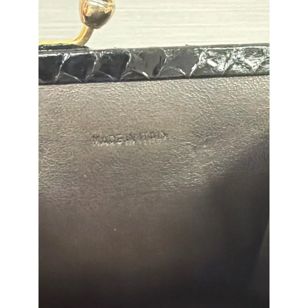 Vintage Judith Leiber Black Snakeskin Compact Wallet With Kisslock Coin Pouch